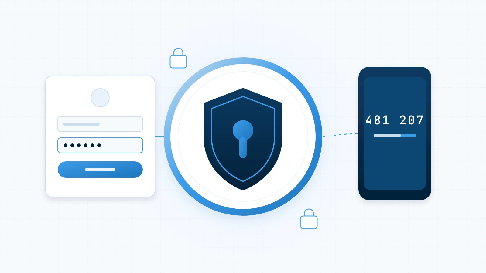 Illustration of a security shield with a keyhole between a login form and a two-factor code on a phone